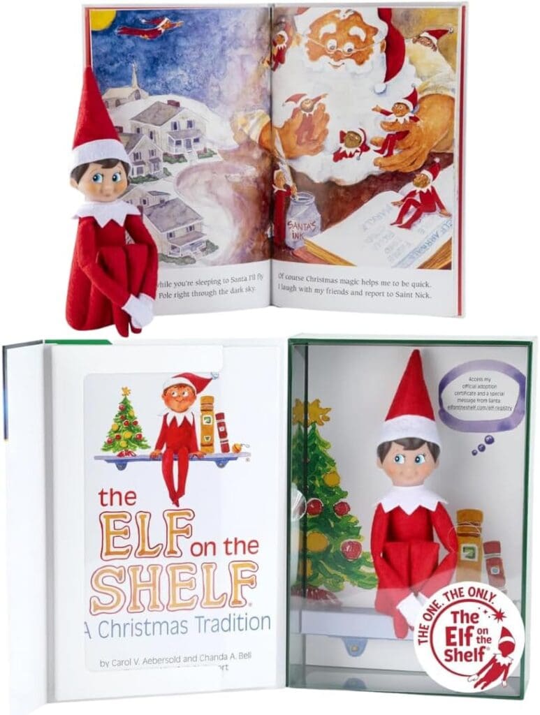 Elf on the Shelf figurka - originální balení skřítka na poličce, společně s oficiální knihou